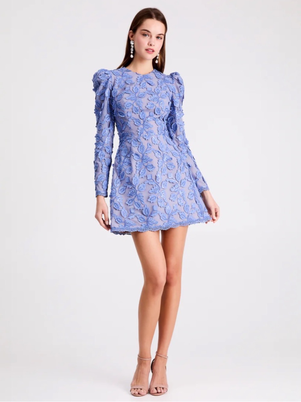 Helsi christy blue floral embroidered scalloped flare long sleeve mini dress XS